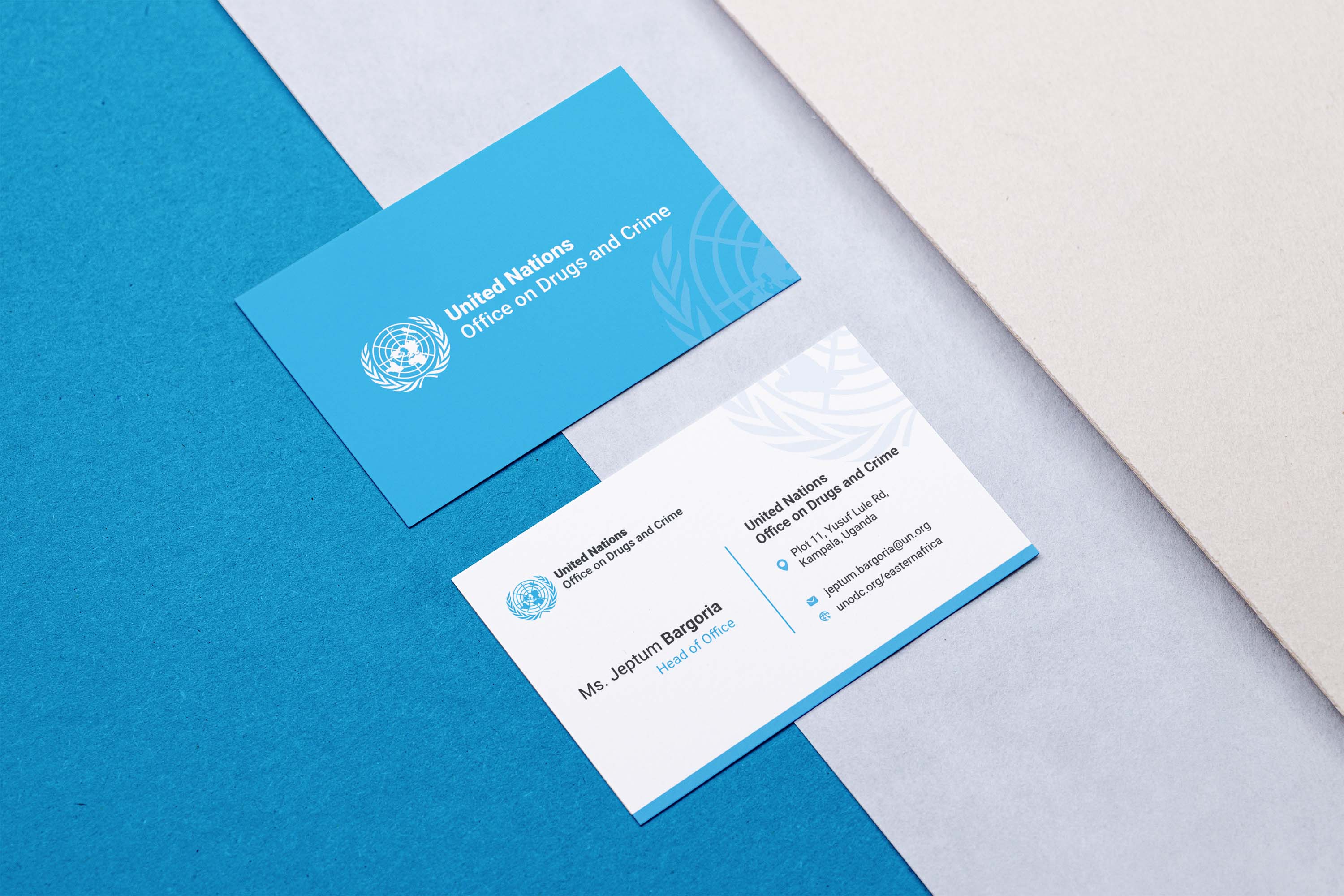 UNODC Eastern Africa business card design showing front and back layout with UN emblem